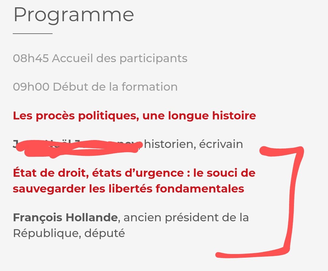 François Hollande donne une formation sur l'Etat de droit aux avocats parisiens. Loi sur l'apologie du terrorisme, assignations à résidence, perquisitions administratives, etc, c'est pourtant LE père de toutes les loi répressives utilisées aujourd'hui par le macronisme. Lunaire.