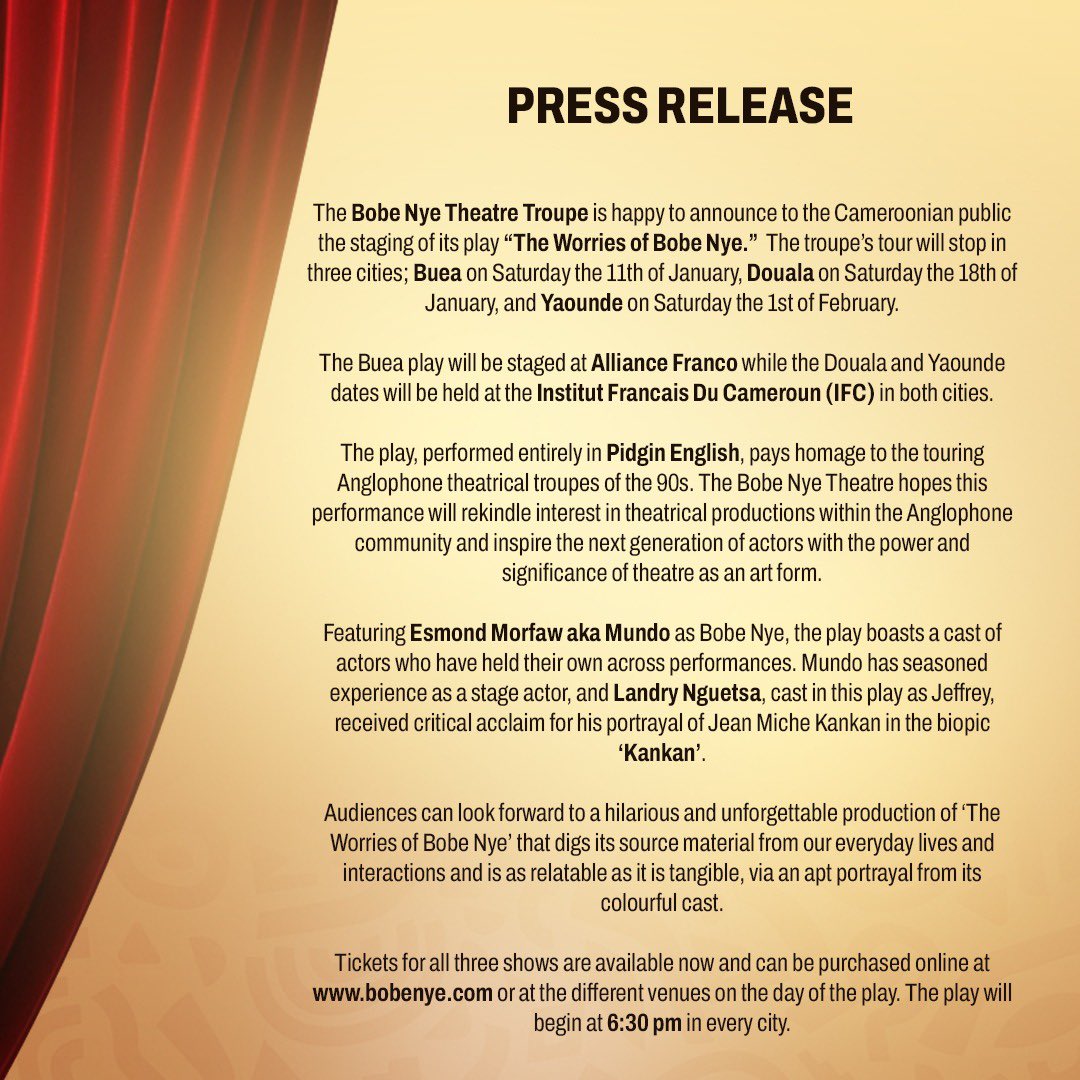 valazat's tweet image. My kontry pipo dem say “Rice wey dey under pot for morning go dey ontop cooler for afternoon.”
“The Worries of Bobe Nye” is an entirely pidgin English performed play. Just the cast will send you laughing. A rebirth of something special.