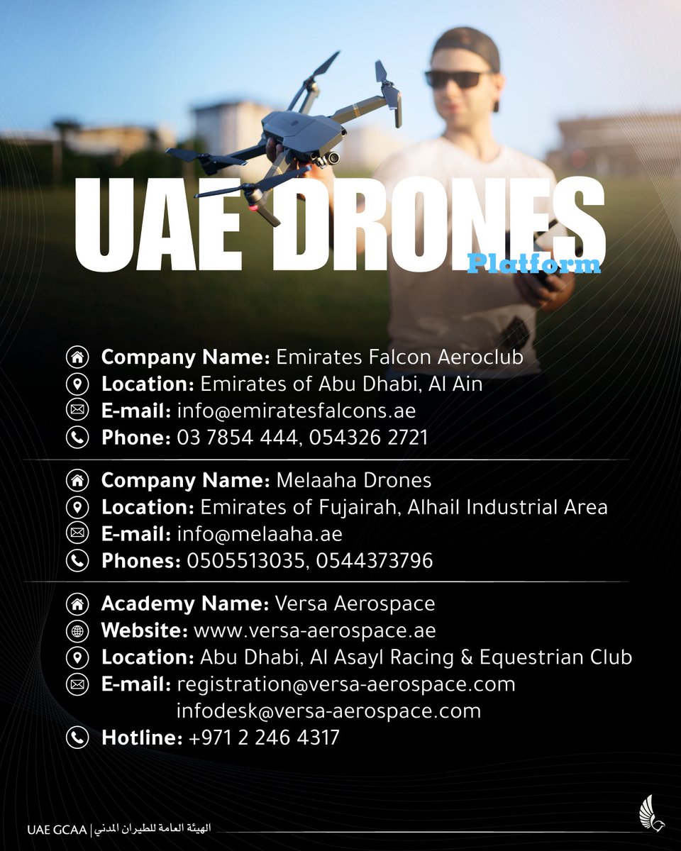 gcaauae's tweet image. المراكز المعتمدة من #الهيئة_العامة_للطيران_المدني لتقديم شهادات تدريب لمشغلي الطائرات بدون طيار من فئة الهواة. 

Accredited centers by the #GCAA to provide training certificates for drone operators. 

#drones #DroneOperator #درون #درونز