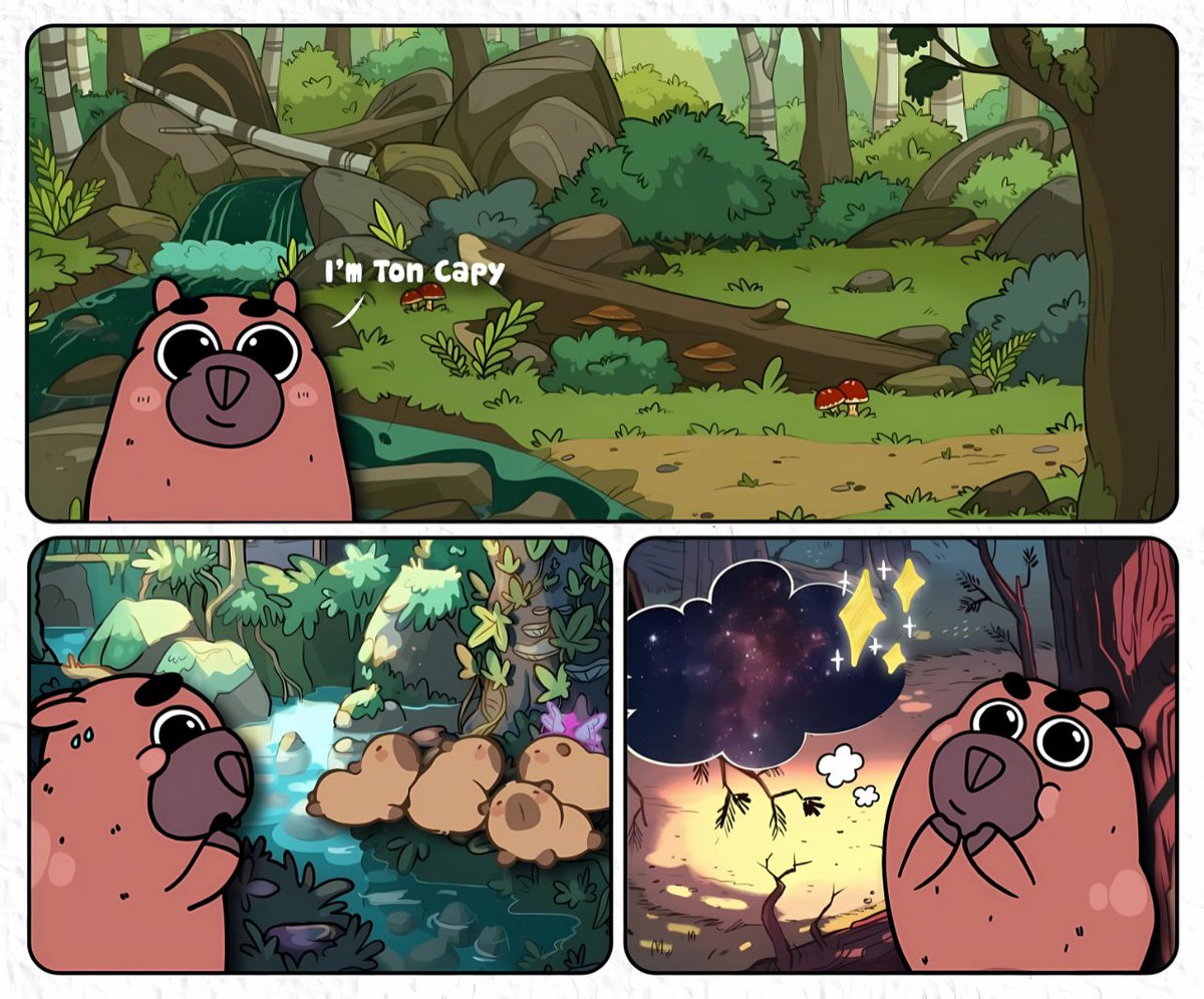 Ton_Capy's tweet photo. 🔥 TonCapy Odyssey - Chapter I: Echoes of the Hidden Treasure

🌿 In the depths of the Amazon, whispers of an ancient treasure echoed through the jungle.

Only one capybara listened - @Ton_Capy.

Legends say this relic holds unimaginable power, but its secrets remain locked… until now.

A journey of riddles, alliances, and untold riches awaits.

The countdown begins. Will you join the odyssey or let it slip away?

⚡️ Fun quiz: Ton Capy’s journey starts now. What’s his first obstacle?

1️⃣ A dangerous river crossing

2️⃣ Meeting a mysterious jungle guide

3️⃣ Getting lost in the jungle’s shadows

🎁 Comment your answer to win a share of $50! (5 lucky winners announced next post)

#TonCapy