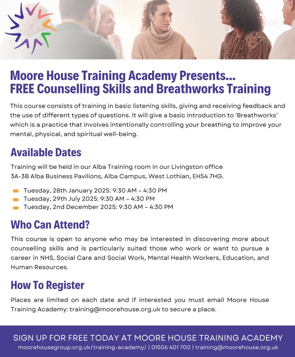 Moore House Group (@moorehousecare) on Twitter photo π FREE Counselling Skills & Breathworks Training! π
Moore House Training Academy invites you to join our FREE training sessions designed for those interested in counselling or working in care, education and health.
Spaces are limitedβemail training@moorehouse.org.uk today. π FREE Counselling Skills & Breathworks Training! π
Moore House Training Academy invites you to join our FREE training sessions designed for those interested in counselling or working in care, education and health.
Spaces are limitedβemail training@moorehouse.org.uk today.