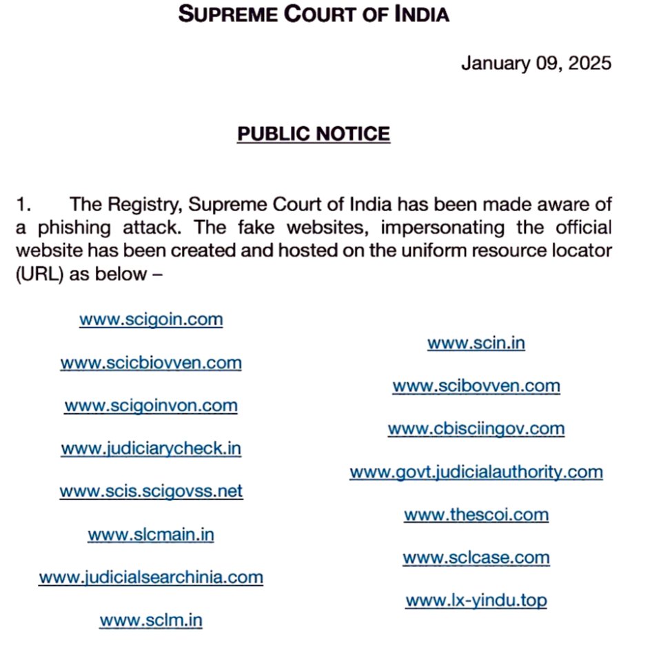 LawChakra's tweet photo. Supreme Court hit by phishing attack! 🚨 Identifies 15 fake websites mimicking its official portal. Attackers targeting users' personal and confidential data through malicious URLs.
#SupremeCourt #PhishingAttack #CyberSecurity #OnlineFraud #DataProtection #SCAlert https://t.co/RwmbEyu8oh