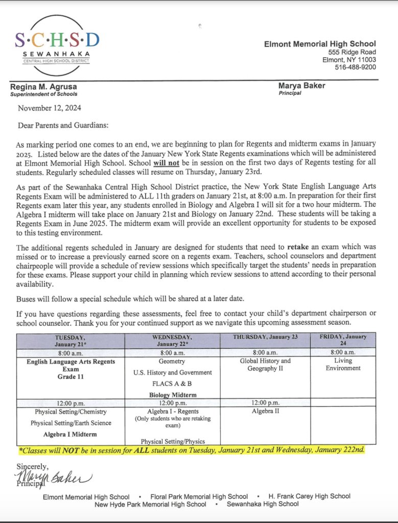 Important January Regents information, please read!!
