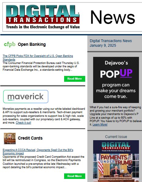 DTPaymentNews's tweet photo. Today's Digital Transactions News: CFPB Picks FDX for Open Banking Oversight; Potential Impact of CCCA Revival; Crypto Payroll Payments?
https://t.co/qeeeU2gj7n
#payments #CFPB #openbanking #FDX #standardssetting #CCCA #interchange #creditcards #EPC #MPC #legislation #Bitcoin https://t.co/moRySmfm3Y