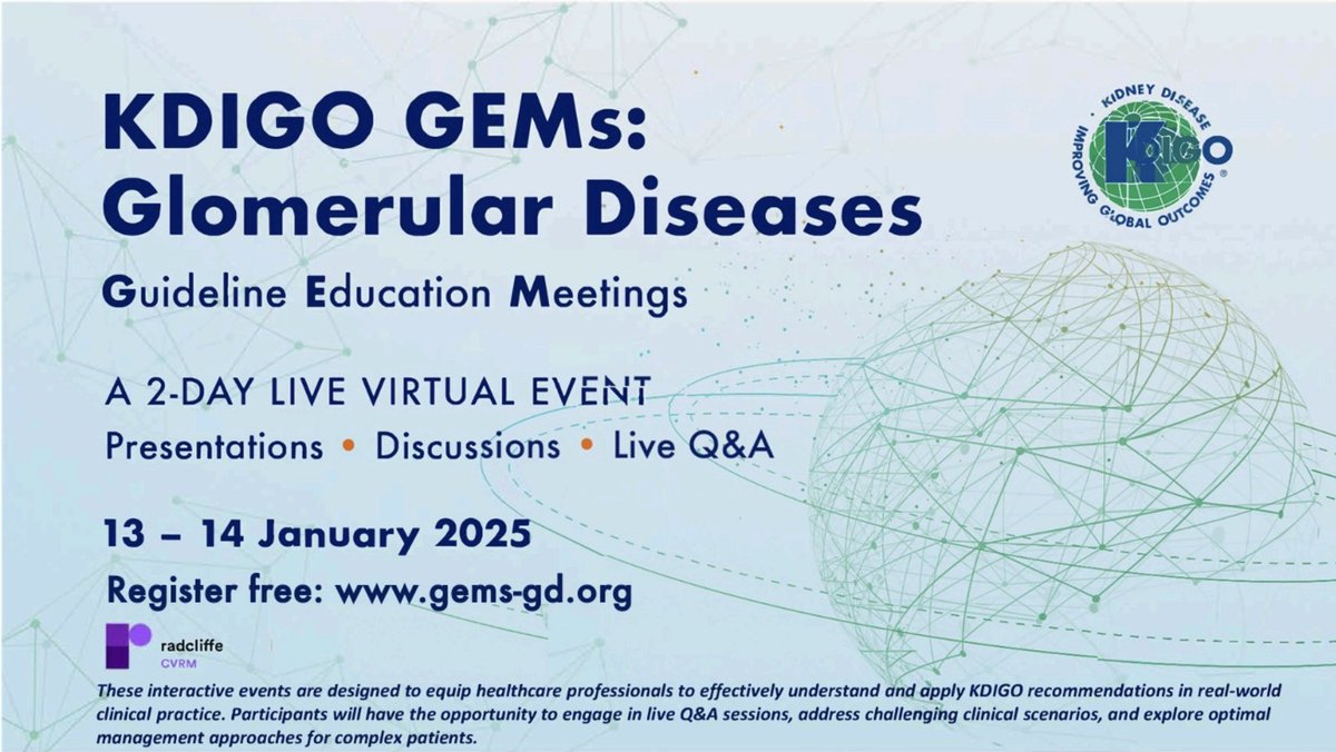 I am glad to invite everyone interested to the <a href="/goKDIGO/">KDIGO</a>  GEMs (Guideline Education Meetings). The discussion includes evidence between the guideline but importantly, case-based application of the #lupusnephrits and #ANCAvasculitis guidelines. Register: gems-gd.org