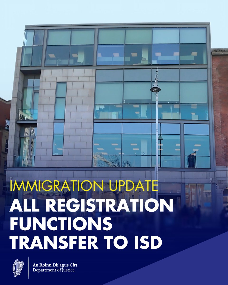 From 13th January, all first-time registrations will be handled, in person, at the Burgh Quay Registration Office, while all applications for renewals of immigration permissions will continue to be handled using the new online portal.

gov.ie/en/press-relea…
<a href="/HMcEntee/">Helen McEntee TD</a>