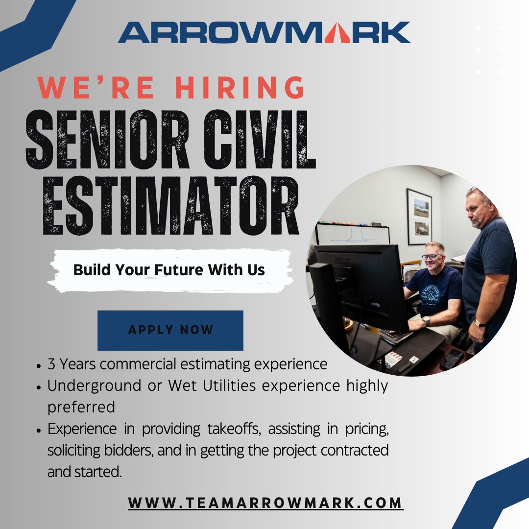 teamarrowmark's tweet image. Arrowmark is looking for a skilled Senior Civil Estimator to join our growing team! If you have expertise in underground utilities, a passion for precision, and thrive in a fast-paced environment, we want to hear from you. #Hiring #CivilEstimator #ConstructionJobs #Underground