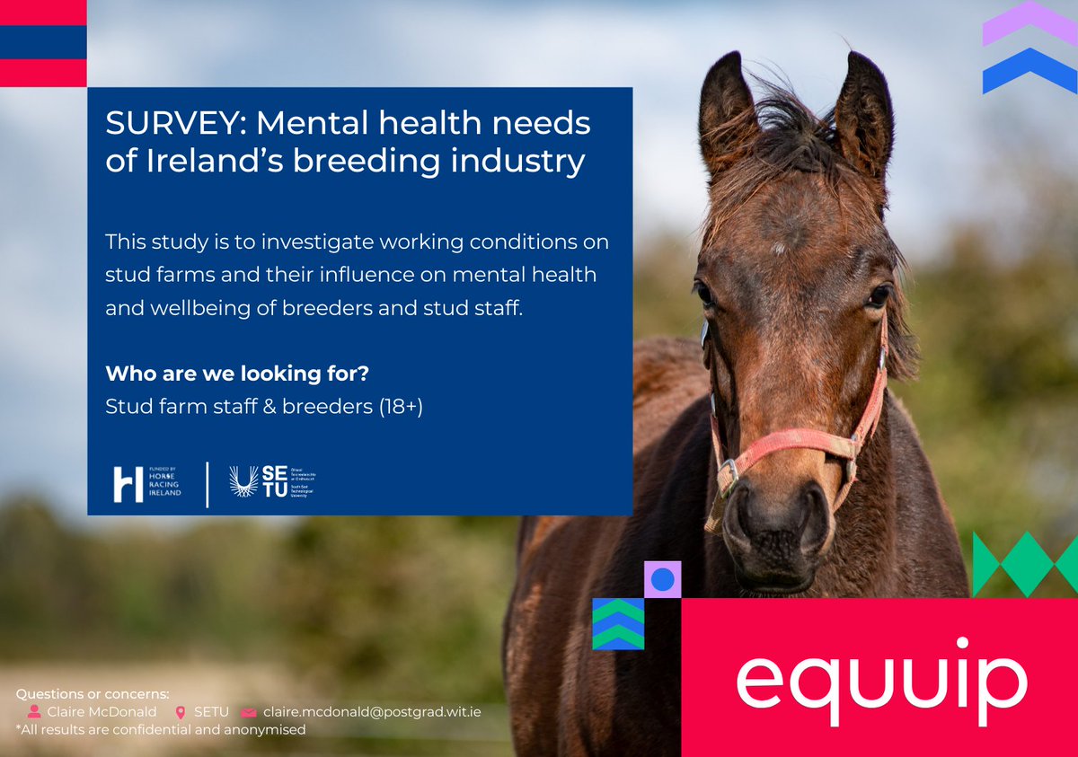 Claire McDonald (@clairemcd_) on Twitter photo 📢Participants needed📢 We are still recruiting thoroughbred horse breeders and stud farm staff for a short survey on mental health : setu.qualtrics.com/jfe/form/SV_bk… Please share.
<a href="/HRIRacing/">Horse Racing Ireland</a> <a href="/equuipHRI/">equuip</a> <a href="/ITBA_Official/">ITBA</a> <a href="/ITBAnextgen/">ITBA Next Generation</a> <a href="/IREthoroughbred/">ITM</a> <a href="/CiaraLosty/">closty-sportpsyc</a> <a href="/SiobhanOConnor3/">Siobhán O Connor</a> <a href="/jenepugh/">Jennifer Pugh</a> 📢Participants needed📢 We are still recruiting thoroughbred horse breeders and stud farm staff for a short survey on mental health : setu.qualtrics.com/jfe/form/SV_bk… Please share.
<a href="/HRIRacing/">Horse Racing Ireland</a> <a href="/equuipHRI/">equuip</a> <a href="/ITBA_Official/">ITBA</a> <a href="/ITBAnextgen/">ITBA Next Generation</a> <a href="/IREthoroughbred/">ITM</a> <a href="/CiaraLosty/">closty-sportpsyc</a> <a href="/SiobhanOConnor3/">Siobhán O Connor</a> <a href="/jenepugh/">Jennifer Pugh</a>
