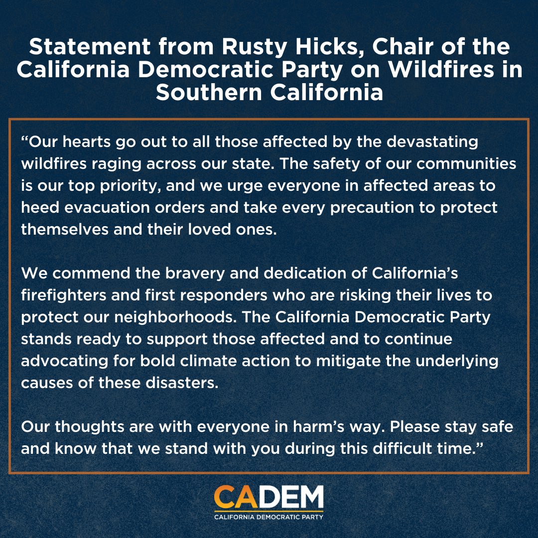 CA_Dem's tweet photo. Our thoughts are with everyone in harm’s way. Please stay safe and know that we stand with you during this difficult time. #WeAreCA #cademocrats https://t.co/PU6x0Jx7tm