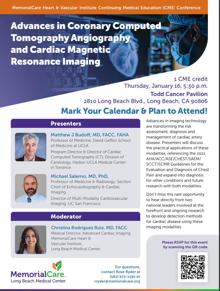 Christina Rodriguez Ruiz (@christinarodzmd) on Twitter photo Proud to announce that next week (January 16th, 2025) Dr. Matthew Budoff <a href="/BudoffMd/">Matthew Budoff MD</a> and Dr. Michael Salerno <a href="/salernomdphd/">Dr. Michael Salerno M.D. P.h.D</a> will be talking about Advcances in Cardiac CT and Cardiac MRI at Long Beach, moderate by me!
Come join us! Proud to announce that next week (January 16th, 2025) Dr. Matthew Budoff <a href="/BudoffMd/">Matthew Budoff MD</a> and Dr. Michael Salerno <a href="/salernomdphd/">Dr. Michael Salerno M.D. P.h.D</a> will be talking about Advcances in Cardiac CT and Cardiac MRI at Long Beach, moderate by me!
Come join us!