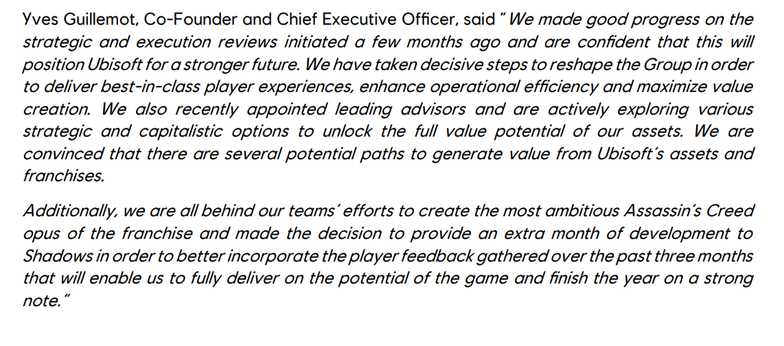 Wario64's tweet photo. Yves Guillemot (Ubisoft) - "We also recently appointed leading advisors and are actively exploring various strategic and capitalistic options to unlock the full value potential of our assets. We are convinced that there are several potential paths to generate value from Ubisoft’s assets and franchises" 

https://t.co/nOX89Koq8U
