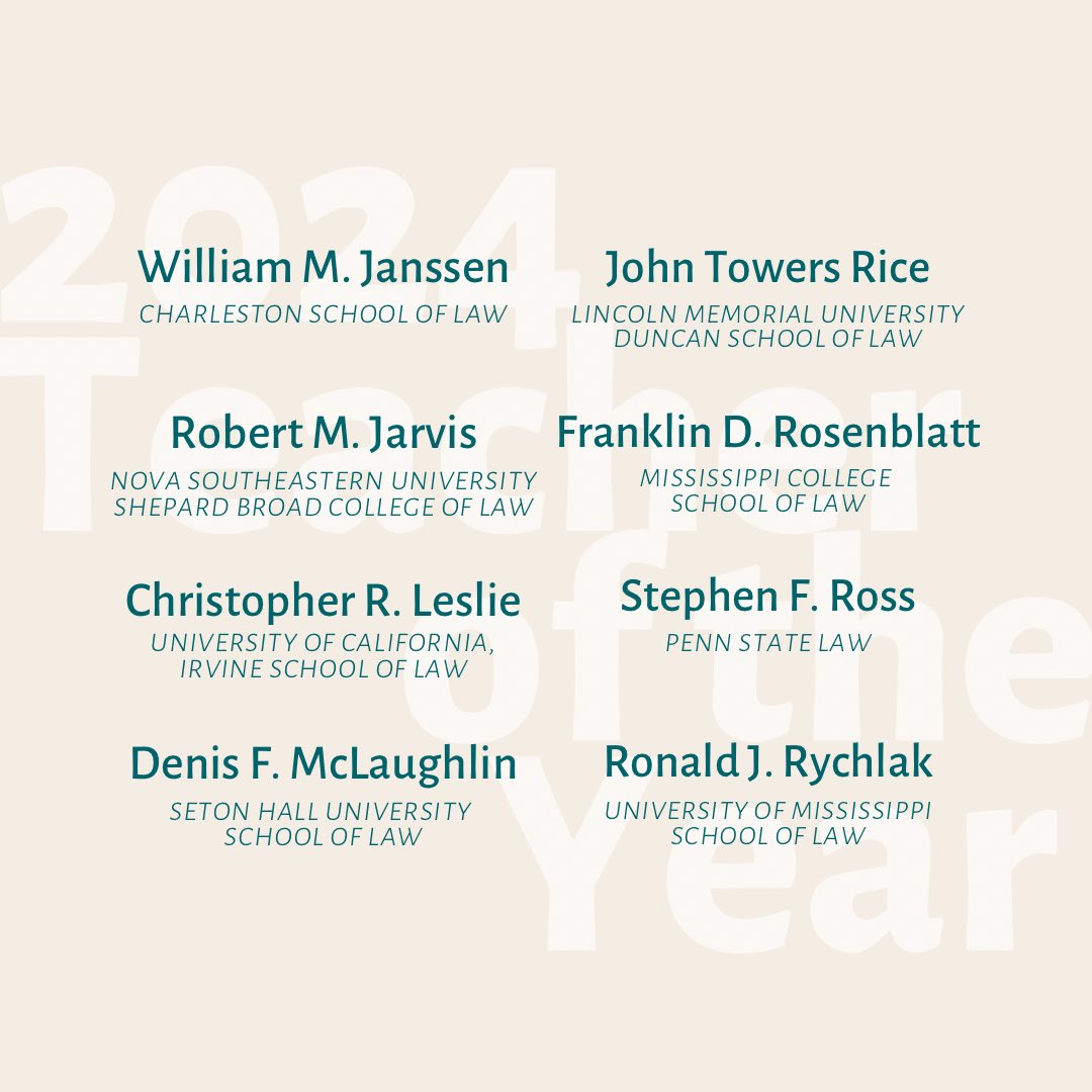 CAPBooks's tweet photo. Carolina Academic Press wishes to honor their authors recognized as #2024TeacheroftheYear for their law schools! 🏆
#AALS #AALS2025 #LawProfessor #LawConference #Education https://t.co/5XHZlKy3lR