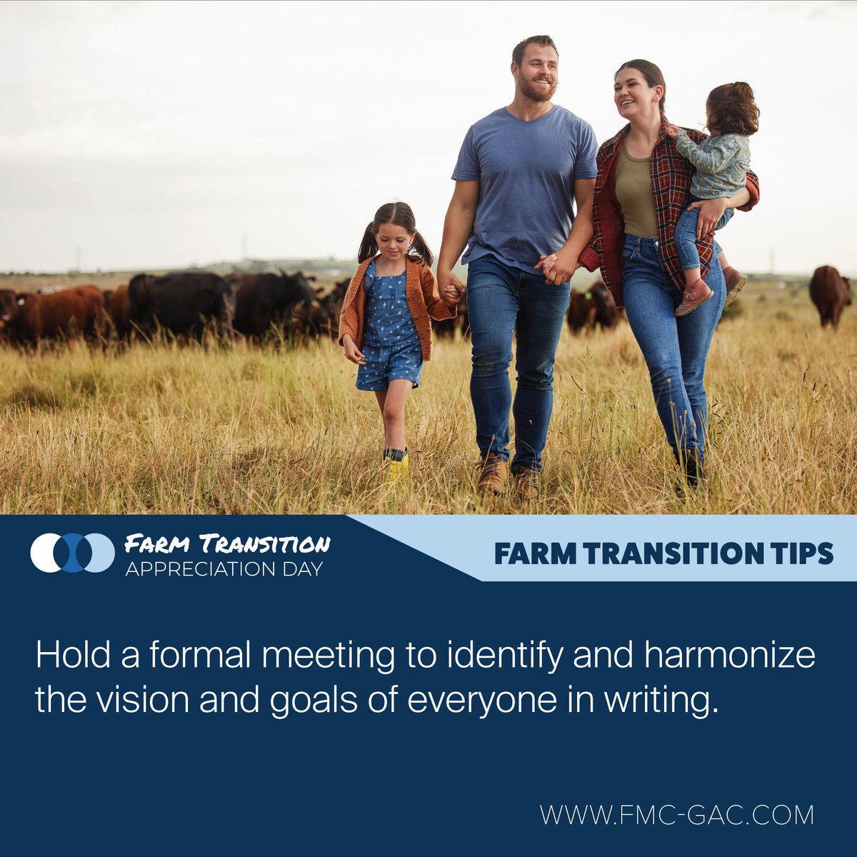 FMC_GAC's tweet image. #FarmTransition Tip: Hold a formal meeting to identify and harmonize everyone’s vision and goals of key n writing 

Today is Farm Transition Appreciation Day. Transition is a key to long-term success of your farm business. Is your farm transition-ready? Check out our Farm…