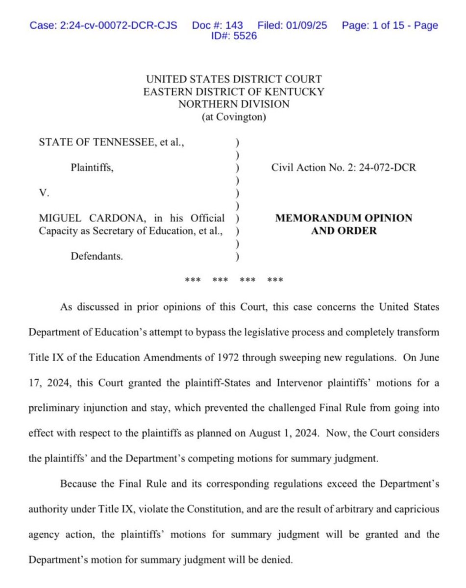 JenniferSey's tweet photo. The return to sanity begins. 

The Title IX re-write has been dismissed nationwide by a federal court. 

Congratulations to girls and women everywhere. And thanks to @AGTennessee. 

Truth always outs in the end. https://t.co/7eNeuJxsXO