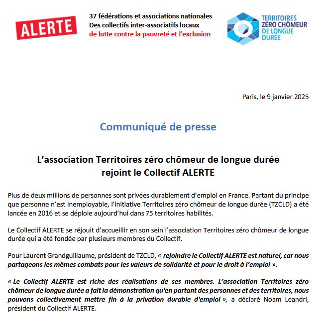 Collectif ALERTE (@collectifalerte) on Twitter photo 🎉 Nous sommes fiers d'annoncer que <a href="/ZeroChomeurLD/">Territoires zéro chômeur de longue durée</a> rejoint le #CollectifAlerte !
📢La lutte contre la privation d'emploi durable est une nécessité pour combattre efficacement la pauvreté et l'exclusion !🤝
👉bit.ly/40b3SlT 🎉 Nous sommes fiers d'annoncer que <a href="/ZeroChomeurLD/">Territoires zéro chômeur de longue durée</a> rejoint le #CollectifAlerte !
📢La lutte contre la privation d'emploi durable est une nécessité pour combattre efficacement la pauvreté et l'exclusion !🤝
👉bit.ly/40b3SlT