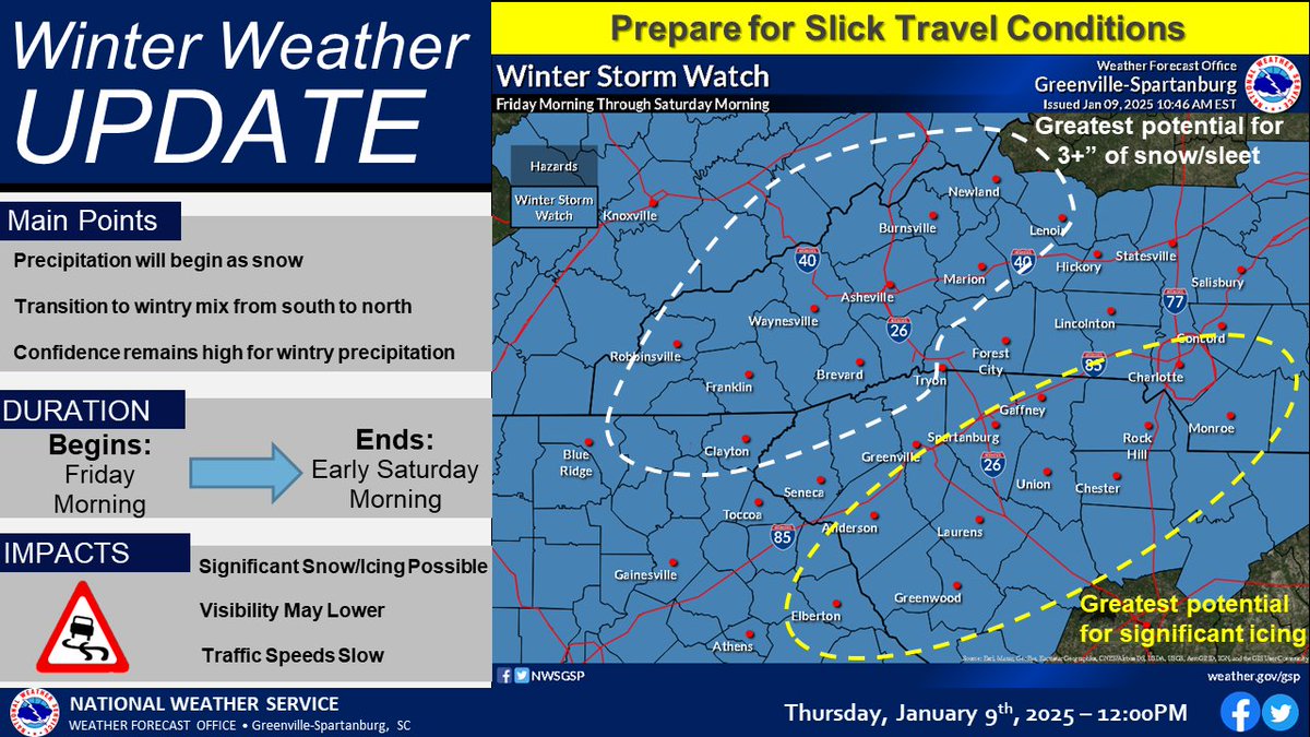 NWSGSP's tweet image. [As of 12:10PM 1/9] A Winter Storm Watch remains in effect for the western Carolinas and northeast Georgia, but any decisions to upgrade to Warnings/Advisories will be done by 4:00PM as we evaluate new model guidance and trends.