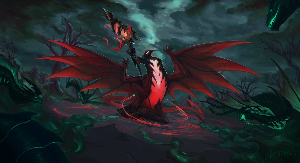 DarkinZine's tweet photo. A love letter to Legends of Runeterra. Taarosh, the Darkin Halberd, encircled by camavoran dragons of the Shadow Isles.

🎨: @Spitfyaaa https://t.co/v6L3aoXRng