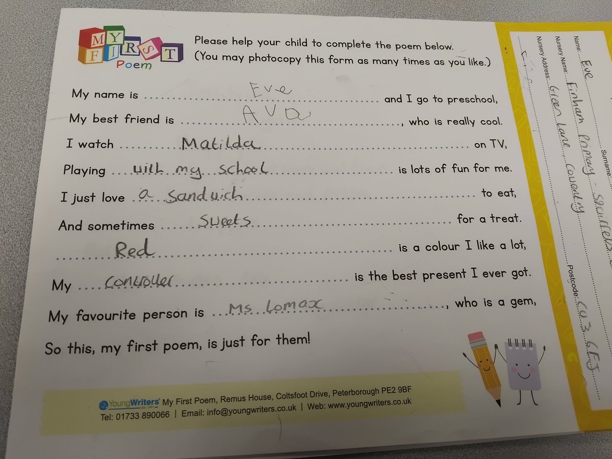 Squirrels Club - Finham Primary (@club_squirrels) on Twitter photo Early years children that have attended Squirrels Club this week have create their first poems. We have entered the <a href="/YoungWritersCW/">Young Writers</a> My First Poem competition. Early years children that have attended Squirrels Club this week have create their first poems. We have entered the <a href="/YoungWritersCW/">Young Writers</a> My First Poem competition.