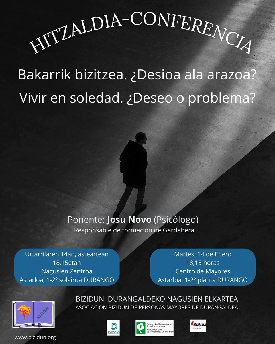 bizidun's tweet photo. Comenzamos el ciclo de conferencias de este nuevo año con la participación de Josu Novo, psicólogo, gran amigo y mentor de Bizidun. Con el título de “Vivir en soledad, ¿deseo o problema?” nos hablará sobre qué es la soledad, sus causas, sus beneficios y sus riesgos. https://t.co/J4YU6ui49w