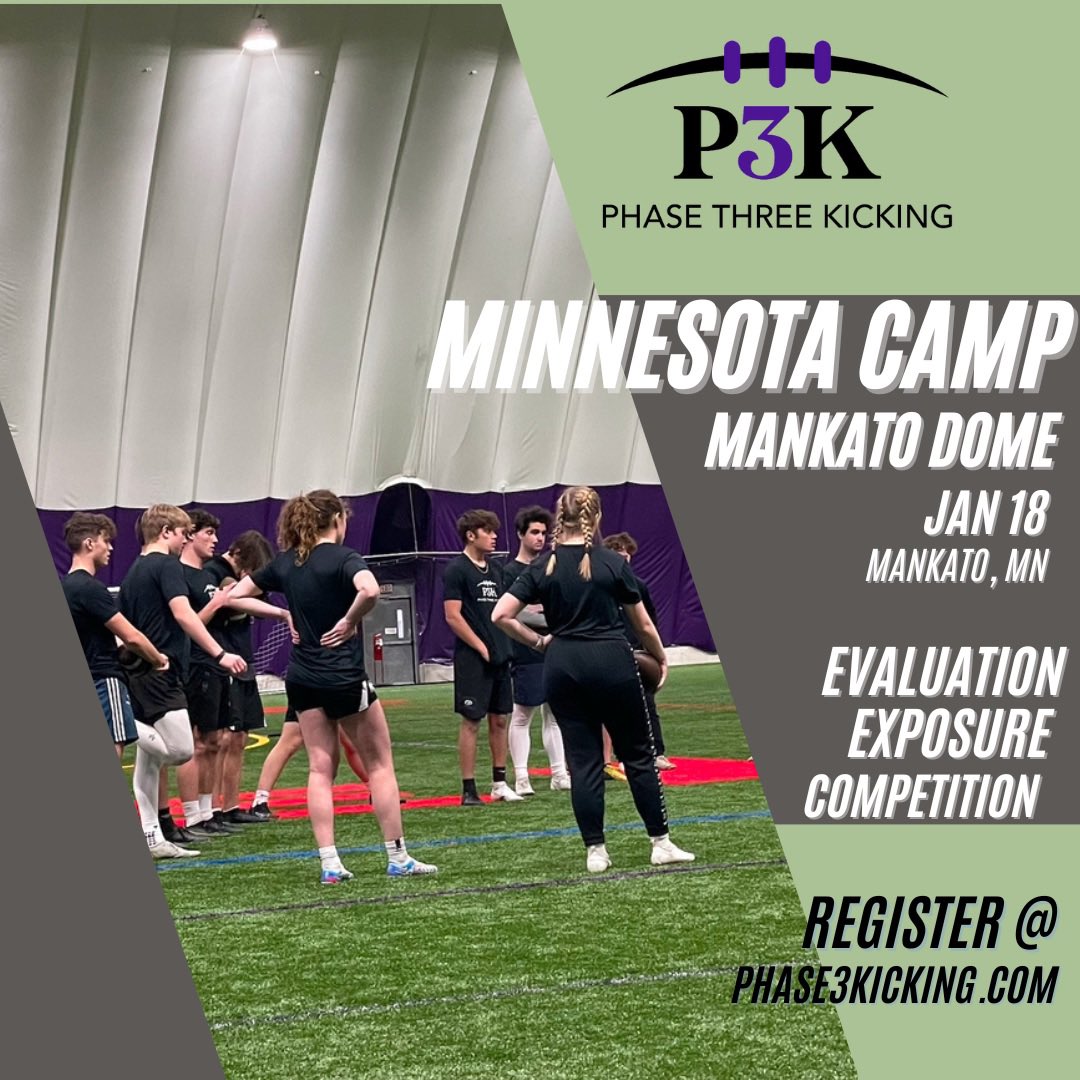 Join us at our Minnesota @phase3kicking Camp Jan 18 at the Mankato Sports Dome. Professional Instruction, Charting, Competition, Player Evaluation &amp; Exposure to College Coaches. High School, Middle &amp; College/Transfers. All Skills. 

Info &amp; Register here:
app.upperhand.io/customers/99-s…