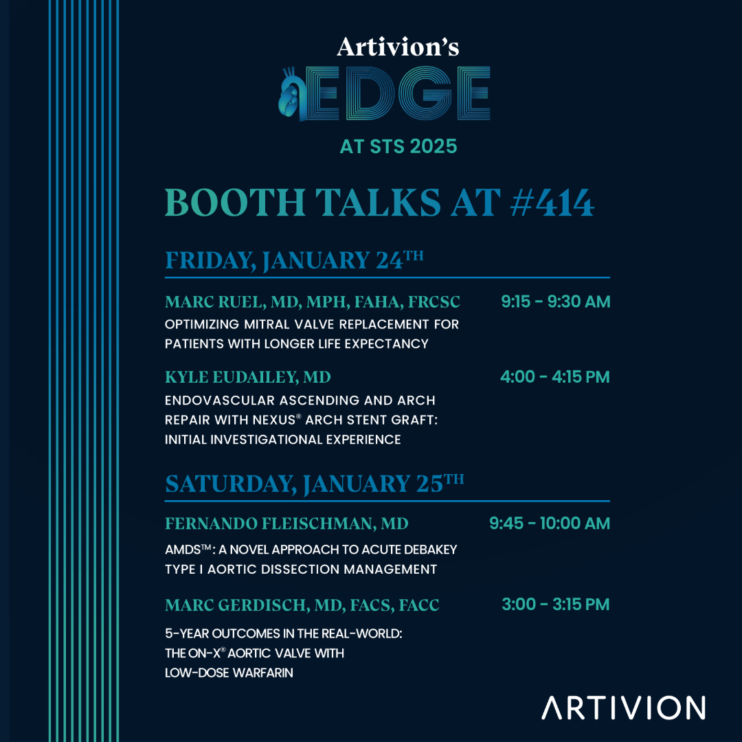 Artivion (@artivioninc) on Twitter photo Discover Artivion's EDGE in aortic solutions. Join us at #STS2025 in Booth 414 for presentations on AMDS™️, now approved in the USA under FDA HDE. Plus see the latest clinical data on On-X®️ Aortic Valve, On-X®️ Mitral Valve and more. <a href="/KyleEudaileyMD/">Kyle W Eudailey, MD</a> <a href="/MarcGerdisch/">Dr. Marc Gerdisch</a> @MarcRuel1 Discover Artivion's EDGE in aortic solutions. Join us at #STS2025 in Booth 414 for presentations on AMDS™️, now approved in the USA under FDA HDE. Plus see the latest clinical data on On-X®️ Aortic Valve, On-X®️ Mitral Valve and more. <a href="/KyleEudaileyMD/">Kyle W Eudailey, MD</a> <a href="/MarcGerdisch/">Dr. Marc Gerdisch</a> @MarcRuel1