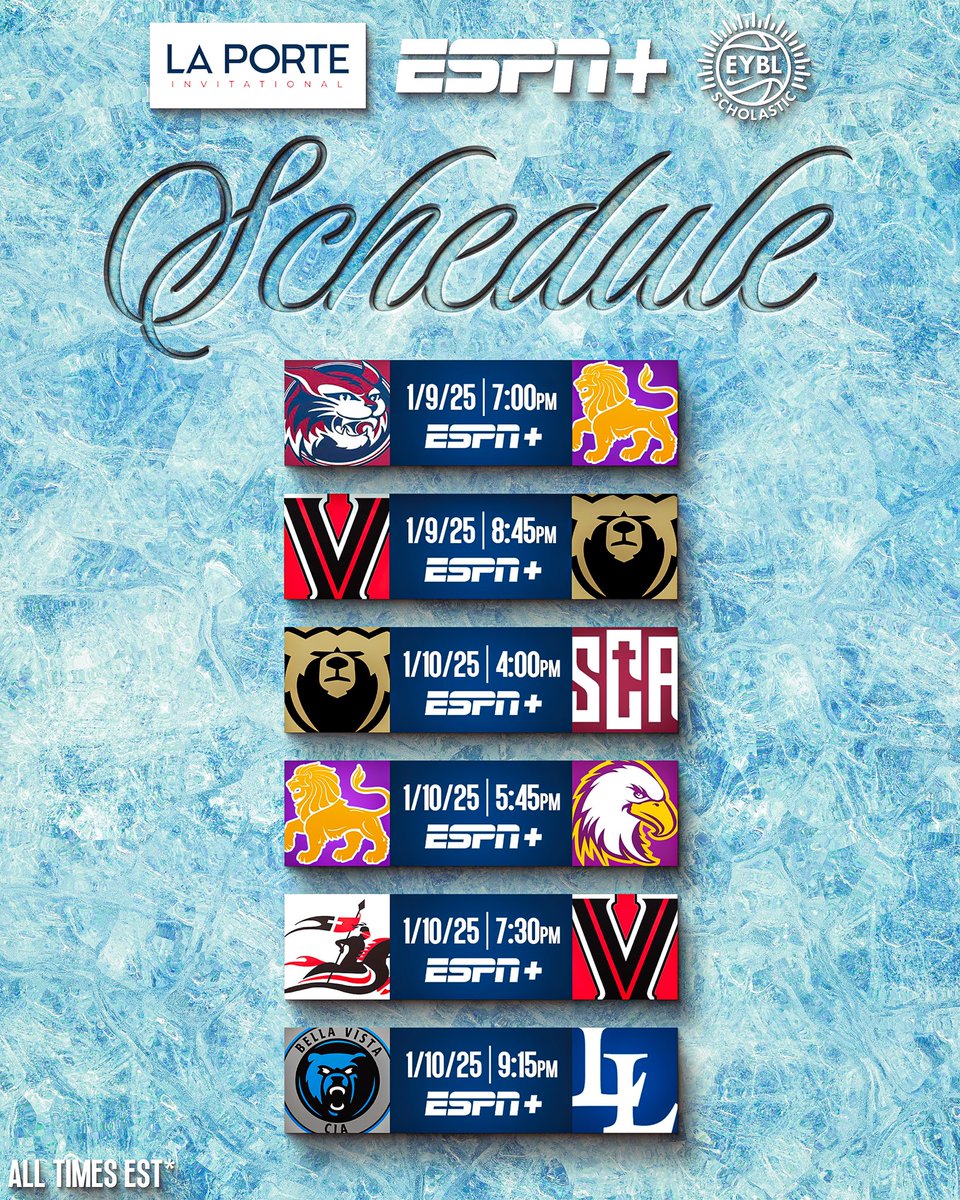 The EYBL Scholastic is live from La Porte, Indiana, beginning at 5pm ET on ESPNU! Swipe for the full schedule of games to watch across ESPN platforms 🍿 

#eyblscholastic