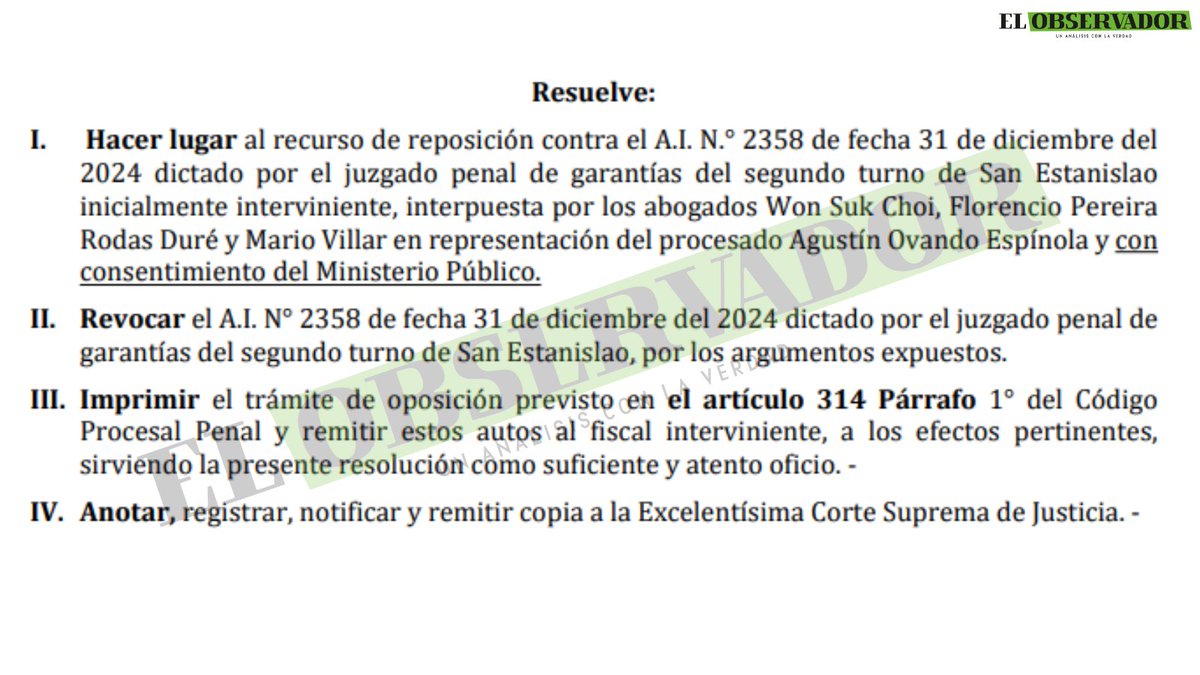 observapy's tweet photo. [AVANCE] 🟩El juez Rodrigo Estigarribia, revocó la resolución que admitió la imputación al intendente de Santaní, Agustín Ovando,  y devolvió el acta al Ministerio Público para su corrección, en respuesta al agravio de la defensa sobre serias deficiencias en el proceso.🔎 https://t.co/rTZAAujjxG