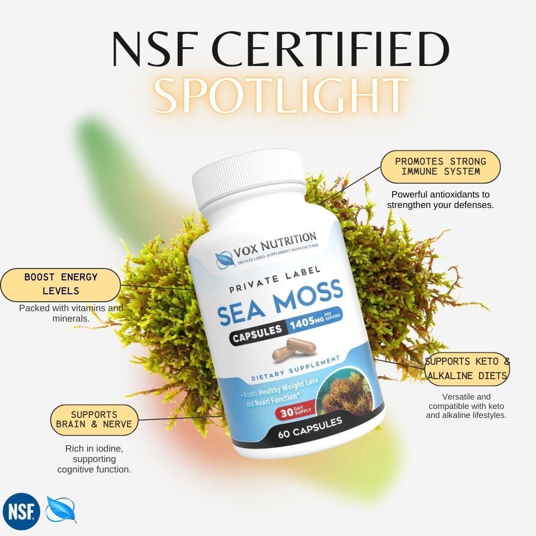 🌊 Dive into the benefits of sea moss! Our NSF Certified Sea Moss supplement is packed with nutrients to support your overall health. #SeaMoss #NSFcertified #Supplement