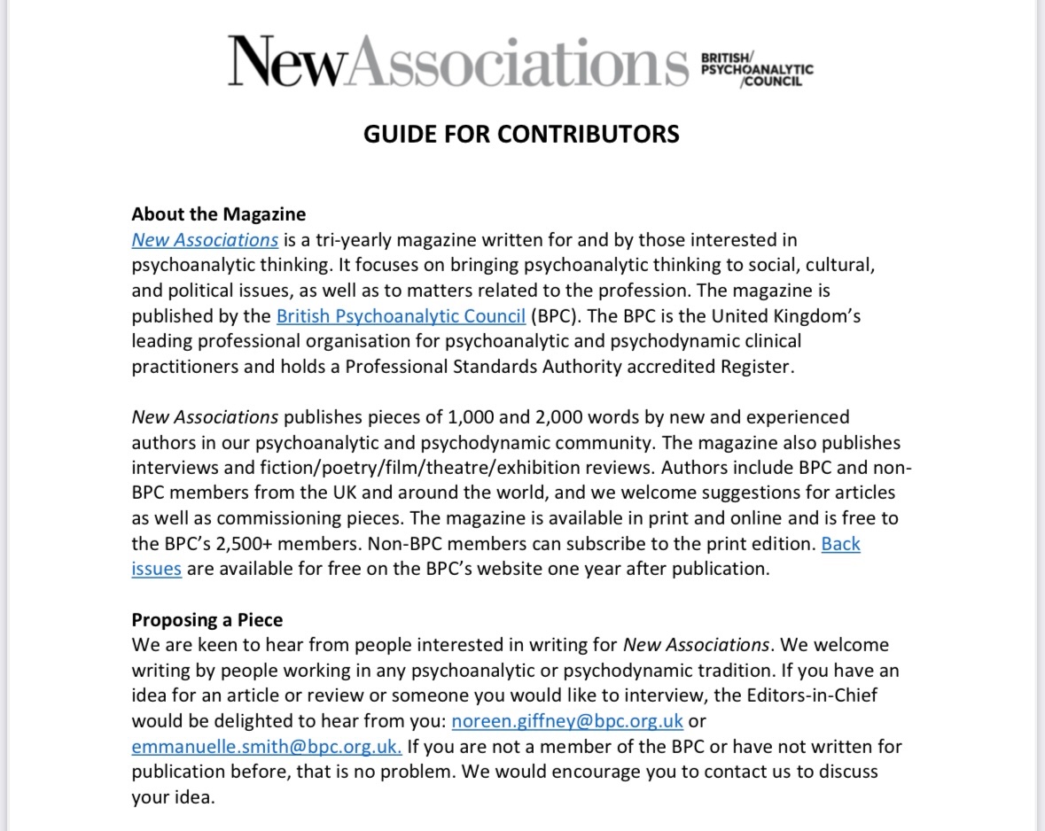 Noreen Giffney (@noreengiffney) on Twitter photo I’ve been appointed Joint Editor-in-Chief (with Emmanuelle Smith) of #NewAssociations, a psychoanalytic magazine published by <a href="/BritPsyCouncil/">British Psychoanalytic Council</a>, that brings #psychoanalytic thinking to social, cultural & political issues: bpc.org.uk/about-us/new-a… Email address in the image I’ve been appointed Joint Editor-in-Chief (with Emmanuelle Smith) of #NewAssociations, a psychoanalytic magazine published by <a href="/BritPsyCouncil/">British Psychoanalytic Council</a>, that brings #psychoanalytic thinking to social, cultural & political issues: bpc.org.uk/about-us/new-a… Email address in the image