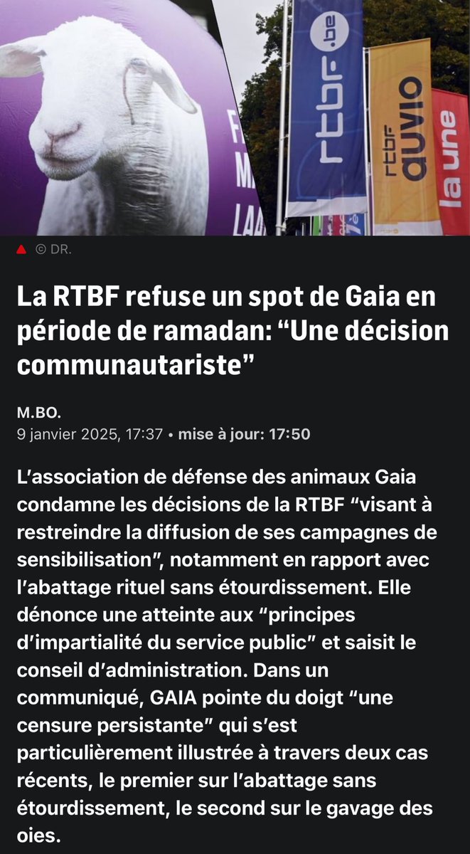 ⚠️La <a href="/RTBF/">RTBF</a> refuse un spot de <a href="/gaiaproject/">Gaia Project | Projet Gaia</a> sur l’abattage sans étourdissement pendant le ramadan, sous prétexte d’éviter de ‘choquer’.⚠️
➡️Trouvez-vous ça normal qu’un service public censure en fonction de calendriers religieux ? 
C’est de l’impartialité ou un glissement