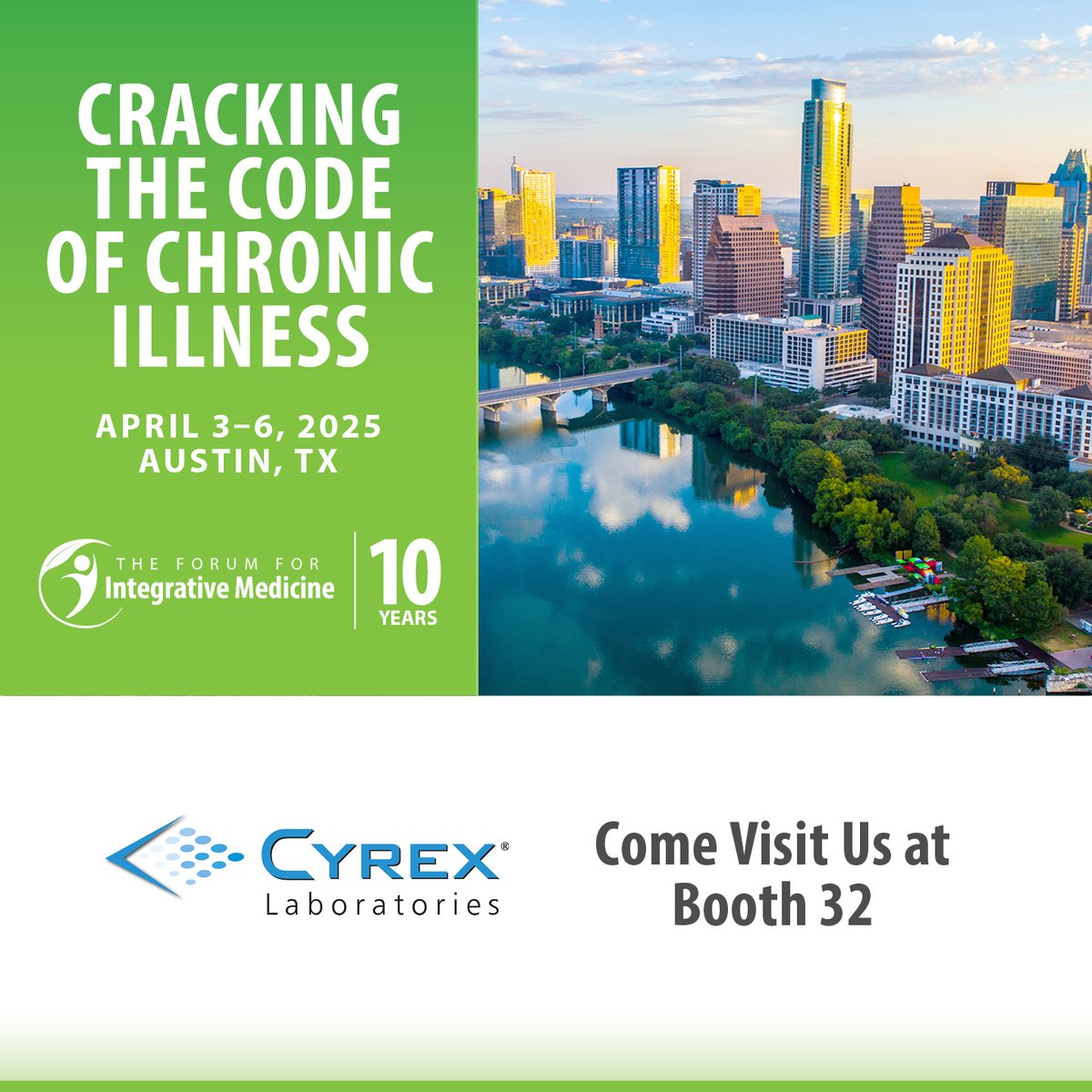 CyrexLabs's tweet image. Cyrex Laboratories will be participating in TFIM 2025: Cracking the Code of Chronic Illness in Austin, TX on April 3-6, 2025.  Early bird tickets are available through January 31, 2025.  To learn more, visit: forumforintegrativemedicine.org