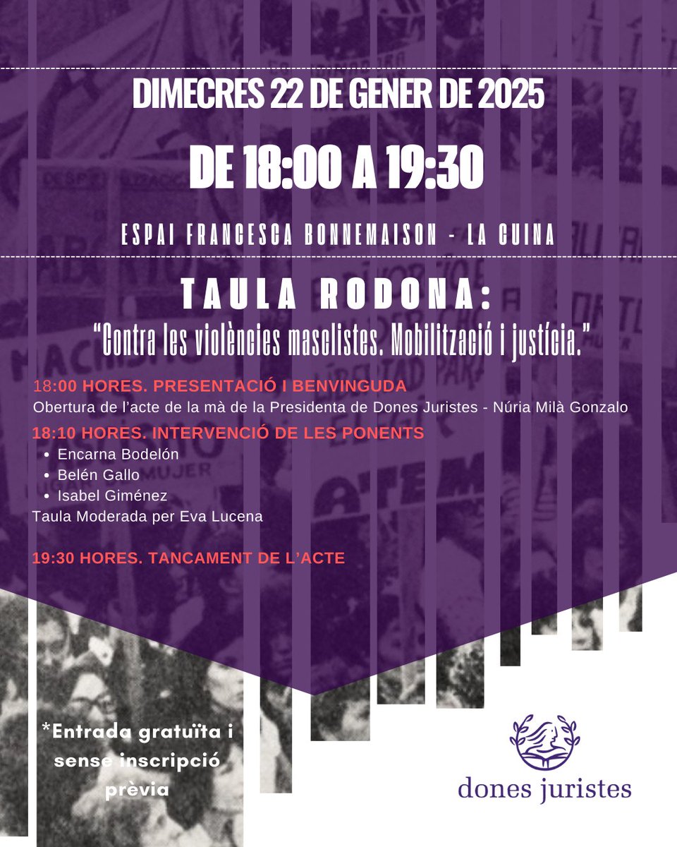 📢 Donem el tret de sortida a l’any amb aquesta taula rodona.

🗓️Reserva’t el dimecres 22 de gener de 2025, de 18:00 a 19:30 h, i acompanya’ns a l’Espai Francesca Bonnemaison - La Cuina, on tindrà lloc la taula rodona "Contra les violències masclistes. Mobilització i justícia."