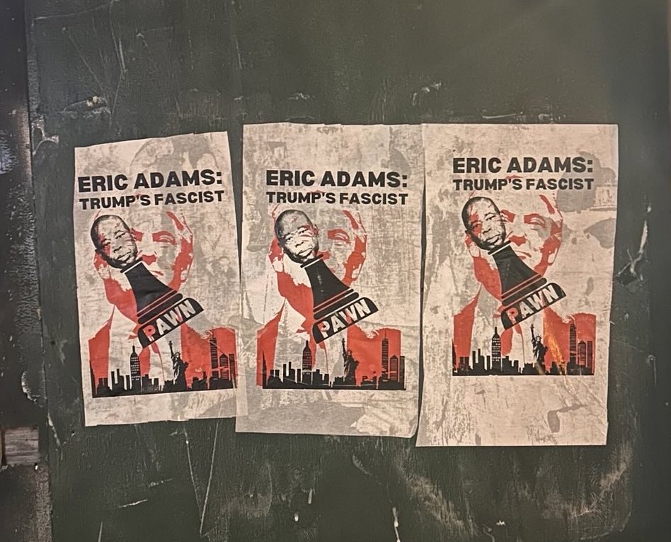 taliaotg's tweet image. Wheatpastes depicting  Eric Adams as a pawn and calling him “Trump’s fascist” appeared overnight outside the Apollo Theater in Harlem where Adams is currently giving a State of the City address.
