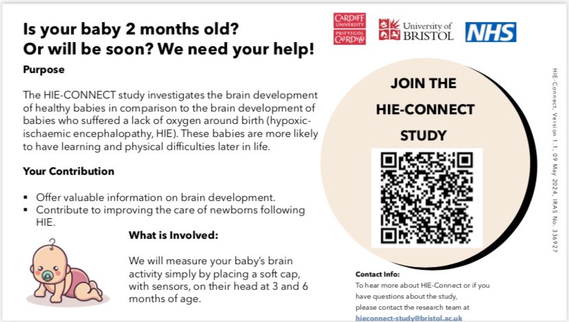 If you are a parent of healthy 2 month old baby in and around Cardiff /Bristol, please consider helping us with our research study happening in Cardiff. We would like to understand early brain development using brain wave monitoring at 3 and 6 months of age. Contact details below