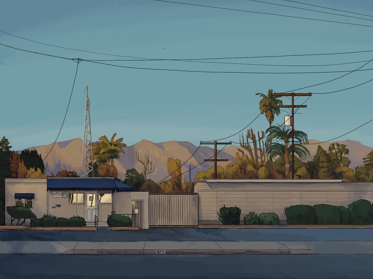 cowbeing's tweet photo. i broke down yesterday when i was clicking on a map of reported fires and saw this building pop up. i drew it in 2021 as a way to say goodbye to pasadena before moving to oregon, i think it was a radio station. it might not be there anymore https://t.co/xUTFQqf1F7