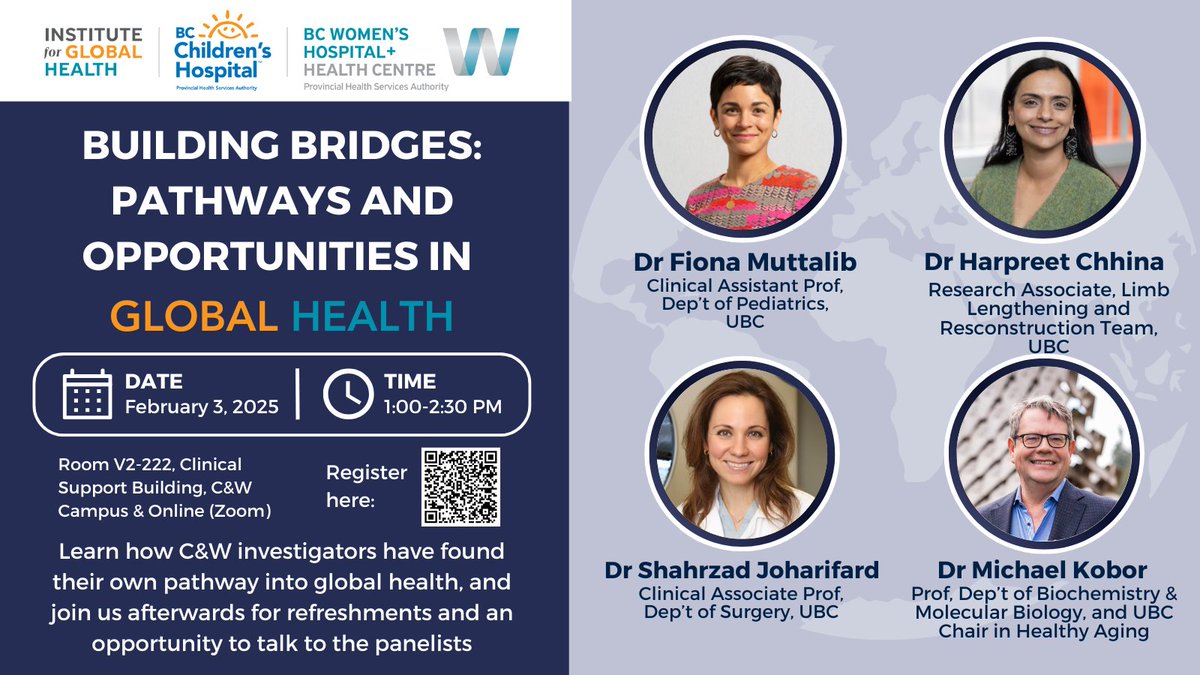 The Institute for Global Health (IGH) (@bccwh_global) on Twitter photo Come join us to learn how C&W investigators are unlocking opportunities to advance health equity and expand access to care globally. Tickets are going fast, register now while there's still space: shorturl.at/e2vJu
@UBCmedicine @UBCPediatrics @ubcOBGYN <a href="/BCCHresearch/">BC Children's Hospital Research Institute</a> Come join us to learn how C&W investigators are unlocking opportunities to advance health equity and expand access to care globally. Tickets are going fast, register now while there's still space: shorturl.at/e2vJu
@UBCmedicine @UBCPediatrics @ubcOBGYN <a href="/BCCHresearch/">BC Children's Hospital Research Institute</a>