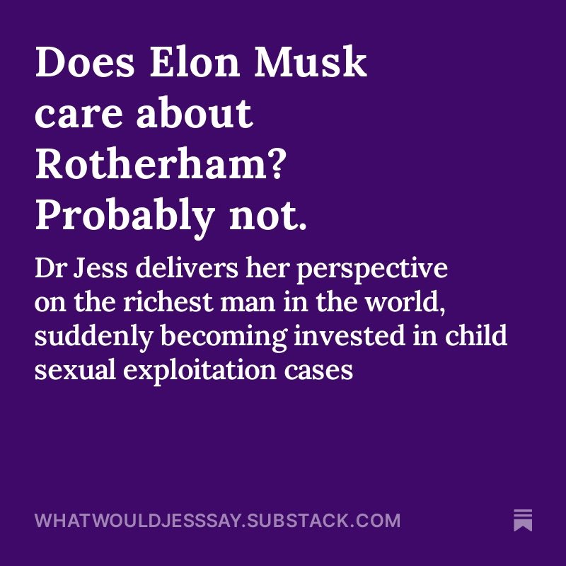 So many of you have been asking me to speak on this topic, so I’ve put together my response to Elon Musk’s sudden interest in child sexual abuse and the rape of girls. 

Full article in your inbox now. 

To believe Elon is suddenly committed to these causes is an error. You must