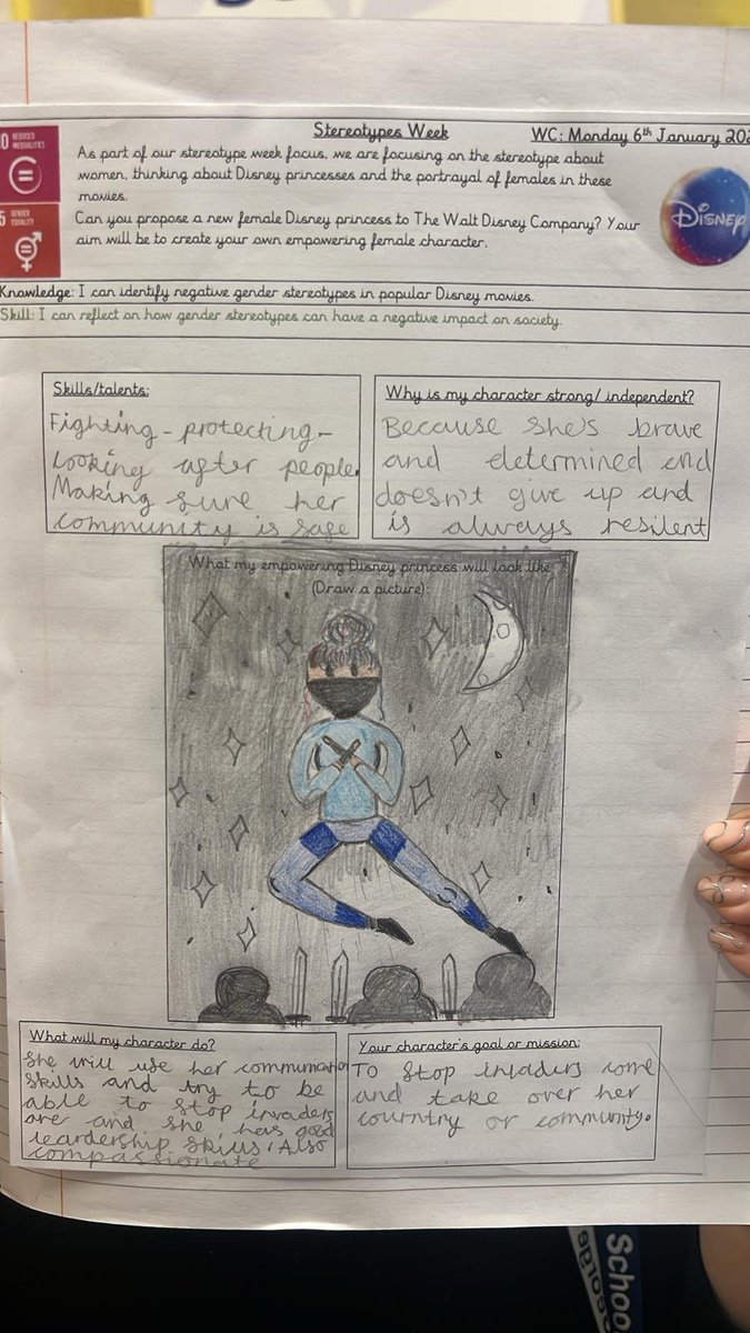 As part of Y5 PSHE sessions for Stereotypes Week, they looked at female lead roles in Disney films. First, they proposed their own empowering female lead.