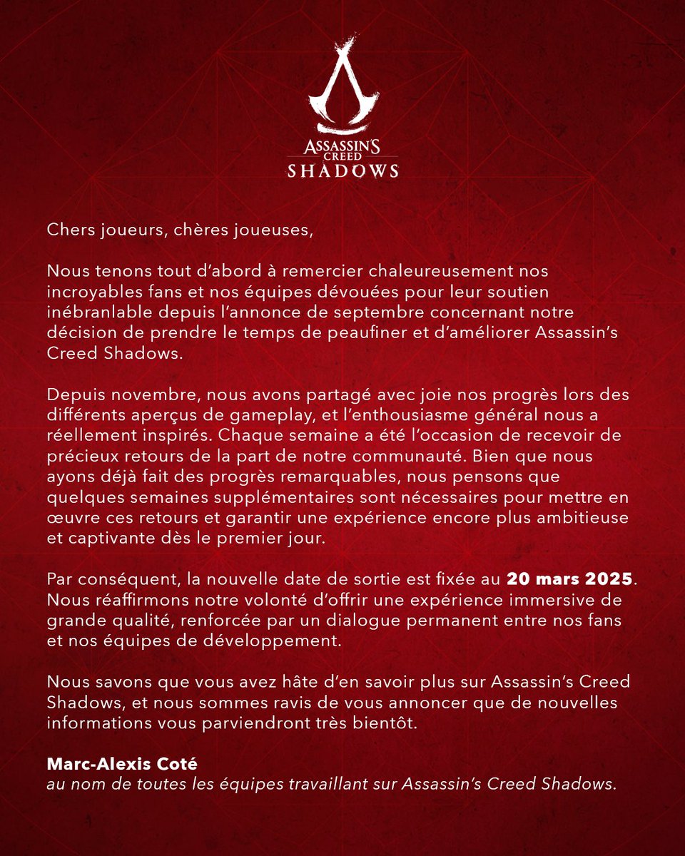 Assassin's Creed Shadows sortira désormais le 20 mars 2025.
