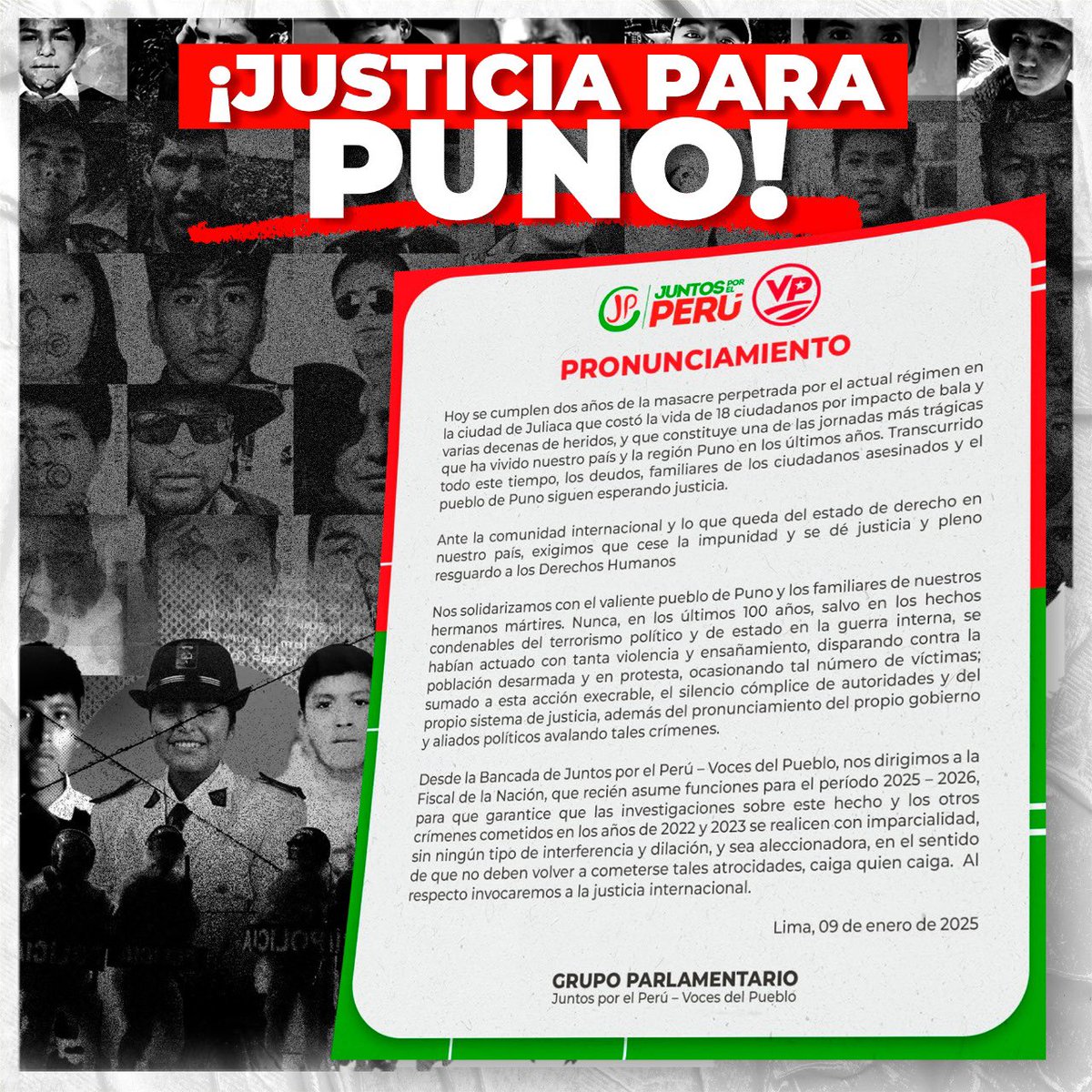 Hoy se cumplen 2 años de la masacre en Juliaca, donde 18 vidas fueron arrebatadas y decenas resultaron heridas por disparos del régimen. La impunidad sigue reinando. Las víctimas y sus familias exigen justicia.

Nos solidarizamos con el pueblo de Puno. ¡Nunca más violencia!