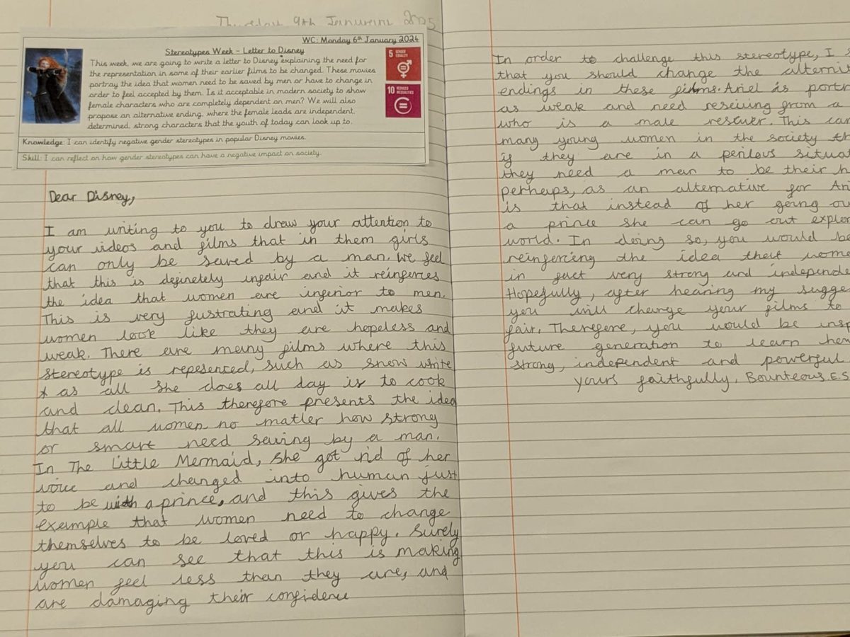 In the second part of our y5 PSHE sessions in Stereotypes Week, we wrote letters to Disney explaining the gender stereotyping of their characters, then offered them an alternative ending with an empowered female!