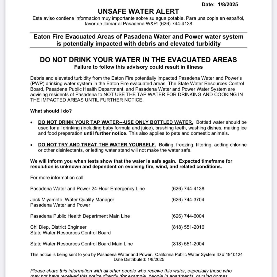 Sharing this information from the City of Pasadena...
“DO NOT DRINK YOUR WATER IN THE EVACUATED AREAS”
Eaton Fire Evacuated Areas of Pasadena Water and Power water system is potentially impacted with debris and elevated turbidity.
pwp.cityofpasadena.net/eaton-fire-202…