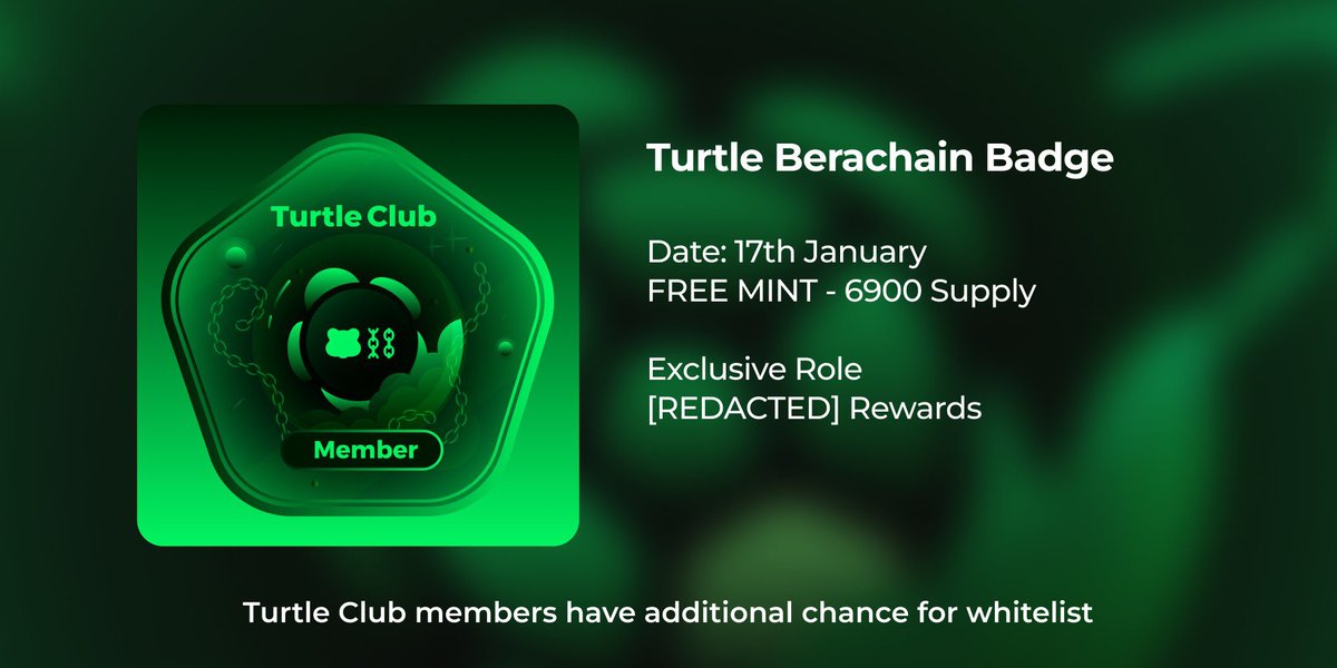 Simony |🌾arc (@0xsimony) on Twitter photo La Grange 🤝 Turtle Club
Petit message aux Bera maxi, <a href="/turtleclubhouse/">Turtle.Club (🐢,💚)</a> va lancer une collection de 6,900 badges Turtle Bera (freemint) qui vous offriront un rôle exclusif et quelques futures récompenses (👀)
Vous pouvez gagner 5 GTD WLs et 20 FCFS WLs grâce à l’amabilité de La Grange 🤝 Turtle Club
Petit message aux Bera maxi, <a href="/turtleclubhouse/">Turtle.Club (🐢,💚)</a> va lancer une collection de 6,900 badges Turtle Bera (freemint) qui vous offriront un rôle exclusif et quelques futures récompenses (👀)
Vous pouvez gagner 5 GTD WLs et 20 FCFS WLs grâce à l’amabilité de
