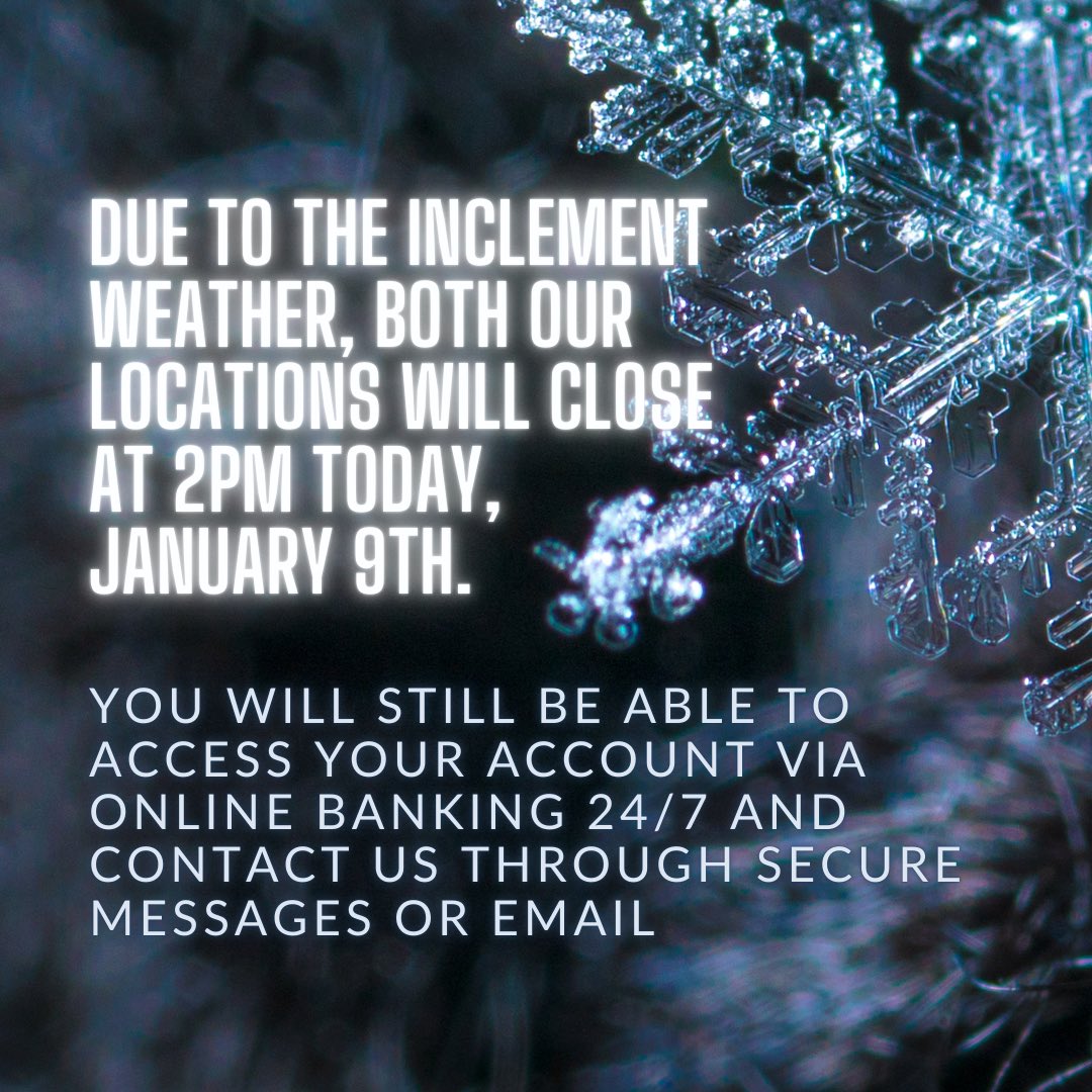 OUFedCU's tweet image. We will be closing early today due to the weather. Though we may be closed, you can still access your account 24/7 via the mobile app! 📲