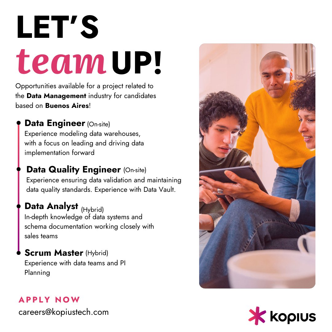 At <a href="/KopiusTech/">Kopius | Careers</a> we're hiring skilled professionals based in #BuenosAires to join our Data Management project! 

> Data Engineer | lnkd.in/ehgUqCKq
> Data Quality Engineer | lnkd.in/eXxFqt-P
> Data Analyst | lnkd.in/e2y3StWT

Apply now at jsaez@kopiustech.com !