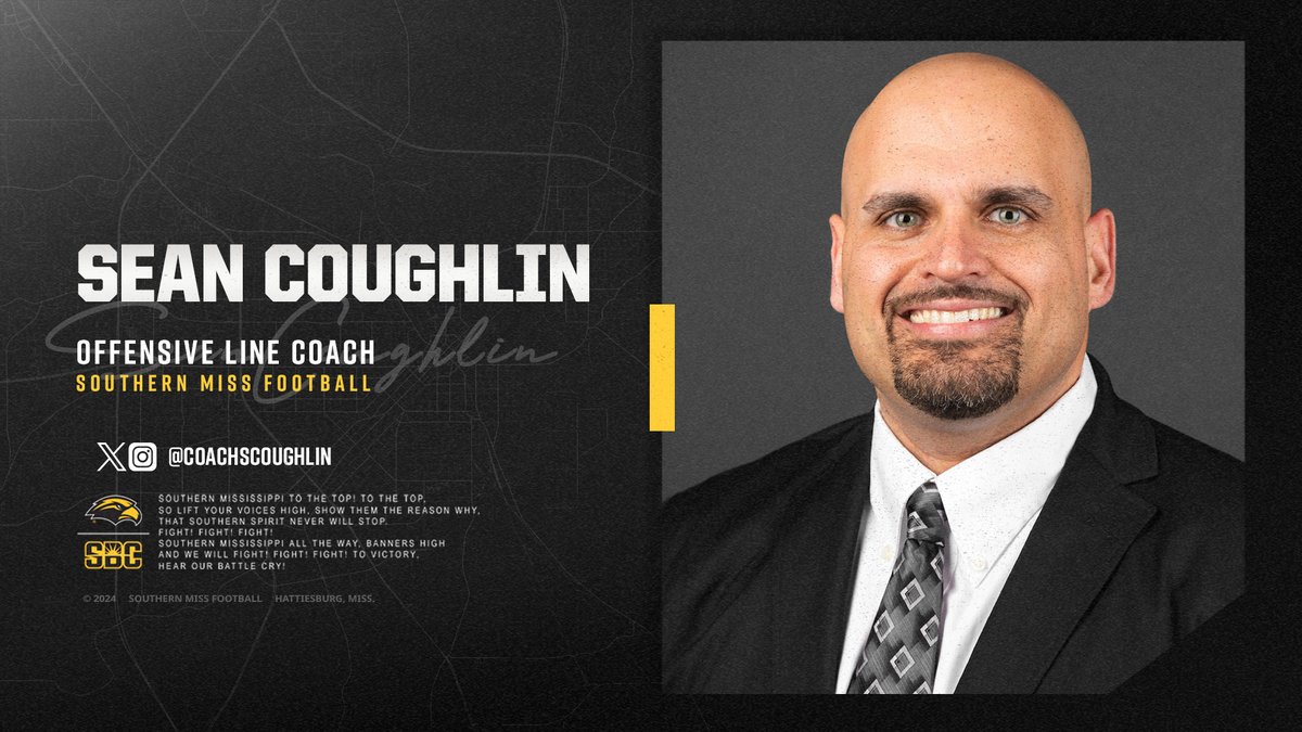 Southern Miss Football (@southernmissfb) on Twitter photo About to battle in the trenches π€
Sean Coughlin has been named the offensive line coach for the Golden Eagles π Β» smttt.info/3DQmYGA
<a href="/CoachSCoughlin/">Sean Coughlin</a> | #SMTTT About to battle in the trenches π€
Sean Coughlin has been named the offensive line coach for the Golden Eagles π Β» smttt.info/3DQmYGA
<a href="/CoachSCoughlin/">Sean Coughlin</a> | #SMTTT