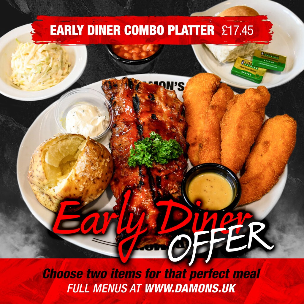 🚨 OFFER 🚨 Our 'Early Diner Combo Platter' Only £17.45. Just choose two items, to create that perfect meal! 👉️ damons.co.uk/menus/dinner-m… #Menu Mon-Fri 3pm-6pm and Sat-Sun 12pm-3pm #Offer #JanuaryOffer #Restaurant #Lincoln #Ribs #Wings