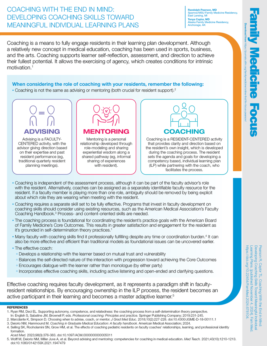 Coaching is a means to fully engage residents in their learning plan development.

Here's "Coaching With the End in Mind: Developing Coaching Skills Toward Meaningful Individual Learning Plans", by Randolph Pearson, MD, and Tonya Caylor, MD: journals.stfm.org/familymedicine…