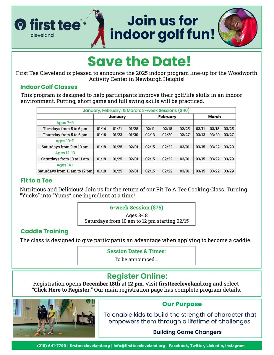 Spots are still available in our indoor winter classes at the Woodworth Activity Center! See the age-based, 3-week sessions offered in January, February and March, plus our 6-week Fit to a Tee culinary program begins Sat, Feb. 15. To register, visit firstteecleveland.org