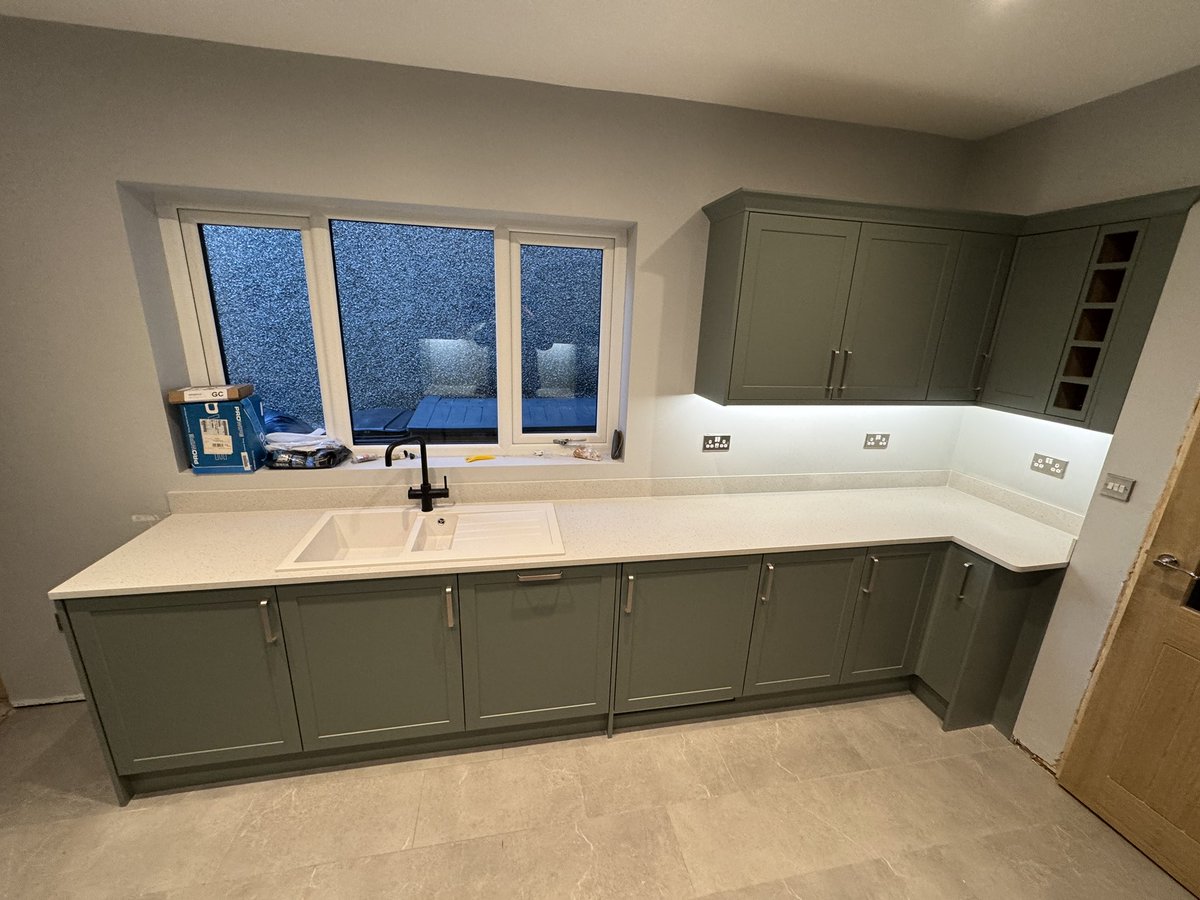 1st kitchen installation of the year completed. <a href="/Wickes/">WICKES</a> Reed green kitchen. Minerva worktops, upstand and splashback. Integrated appliances. Boiling tap. Walk in pantry unit with lighting. All completed in 3 days